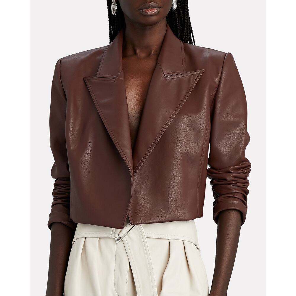 Ronny Kobo Hadley Vegan Leather Open Front Cropped Jacket Blazer Brown Size Xs